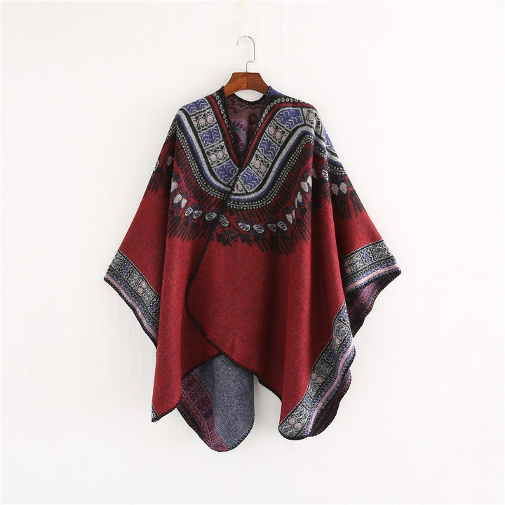 Dam Oversize poncho i Ethno Jacquard med V-neck och structured fåll