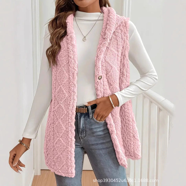 Dam fleece Lined teddy väst med huva och knapp stängning