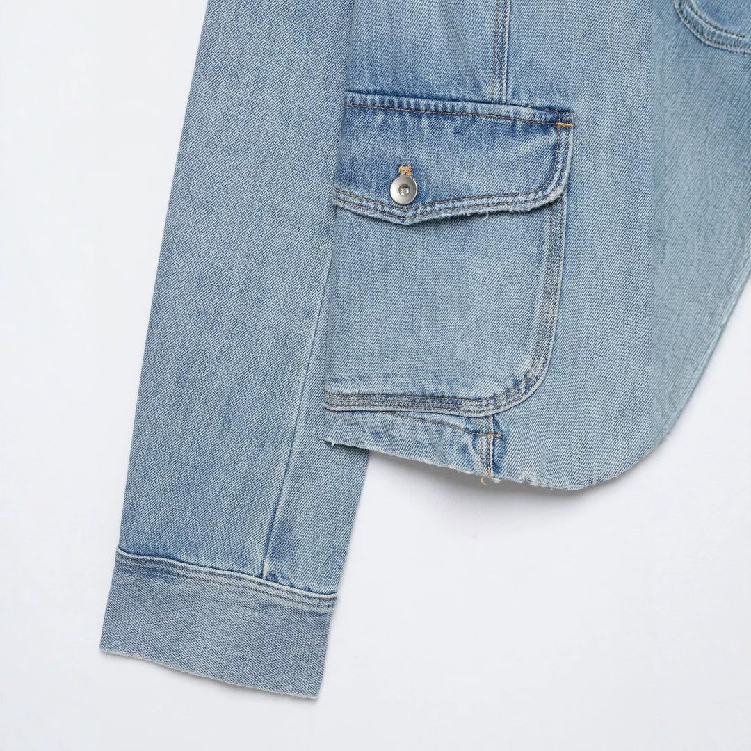 Dam Boxig Denimjacka i Safari Look med Stå Krage och Four Patch Fickor