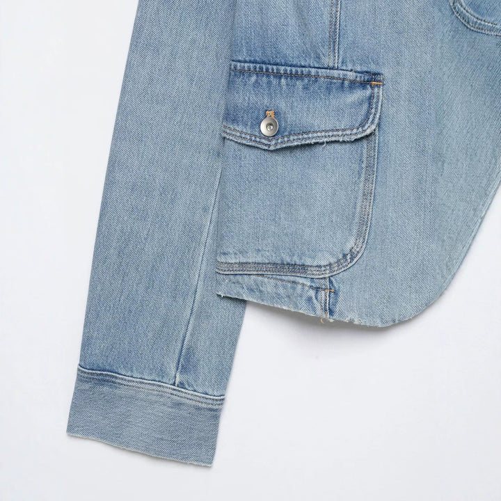 Dam Boxig Denimjacka i Safari Look med Stå Krage och Four Patch Fickor