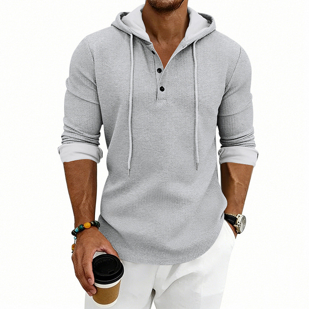 Herr Waffle Stickad Henley Luvtröja med Knapplist och Huva