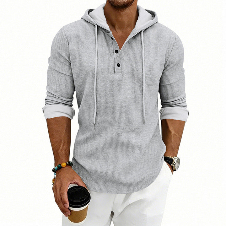 Herr Waffle Stickad Henley Luvtröja med Knapplist och Huva