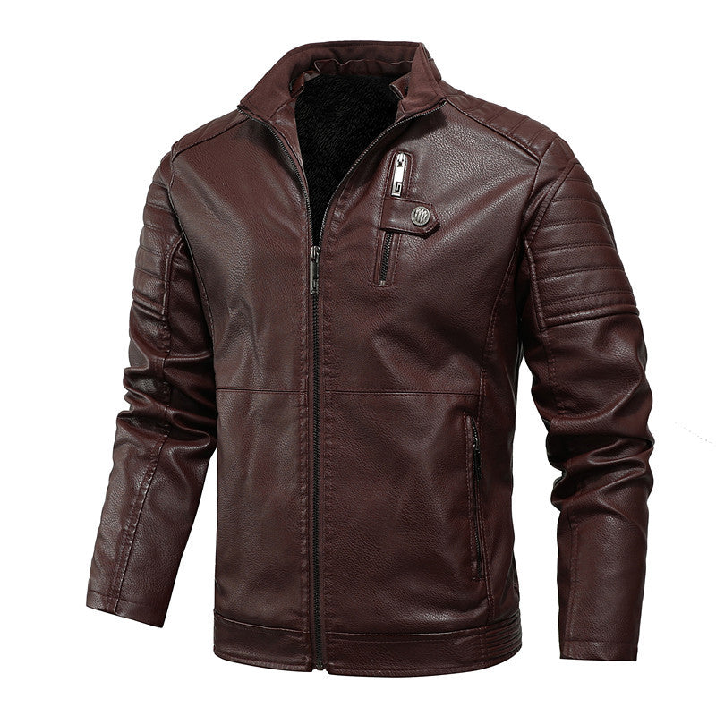 Herr Biker-Inspired Läderimitation Jacka med Quiltad Ärm Sektion och Ståkrage