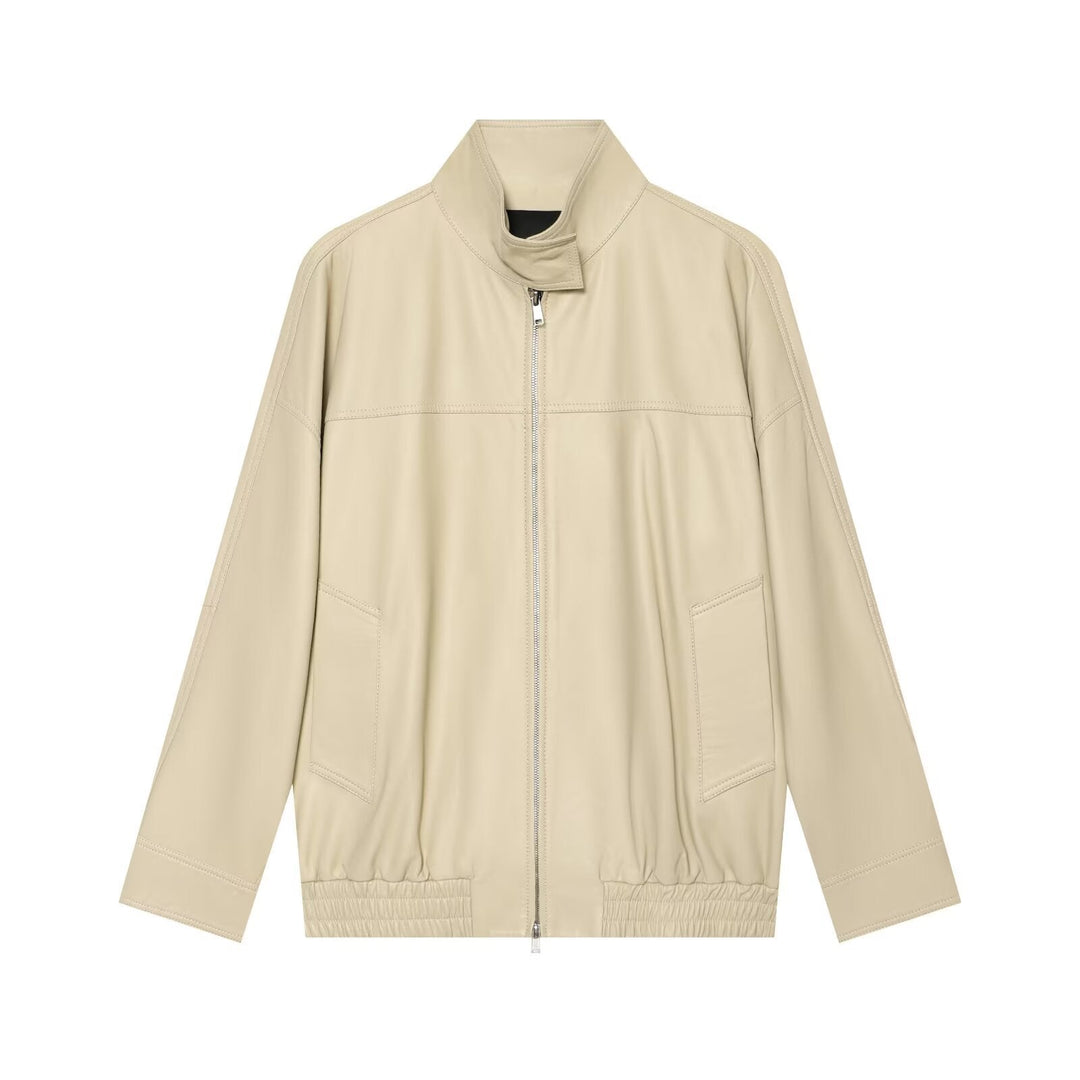 Dam Oversize Faux Läder Blouson Jacka med Stå Krage