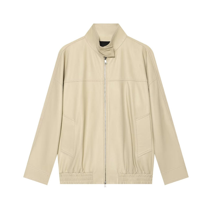 Dam Oversize Faux Läder Blouson Jacka med Stå Krage