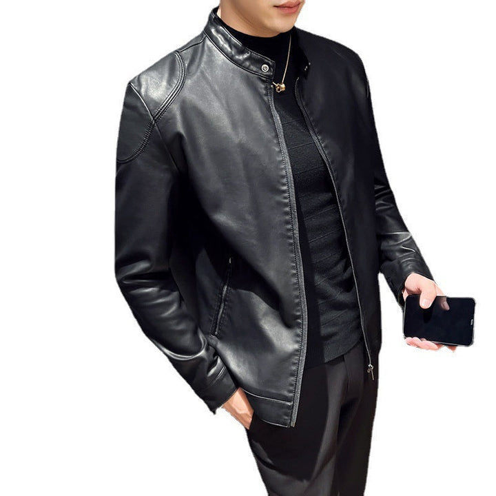 Herr Smal Konstläder Blouson Motorcycle-Inspired Design med Short Stående Krage och Dold Dragkedja