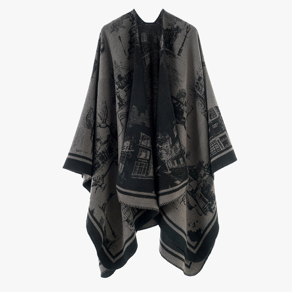 Dam Jacquard capeponcho med iconic city Jacquard och open oversized fall