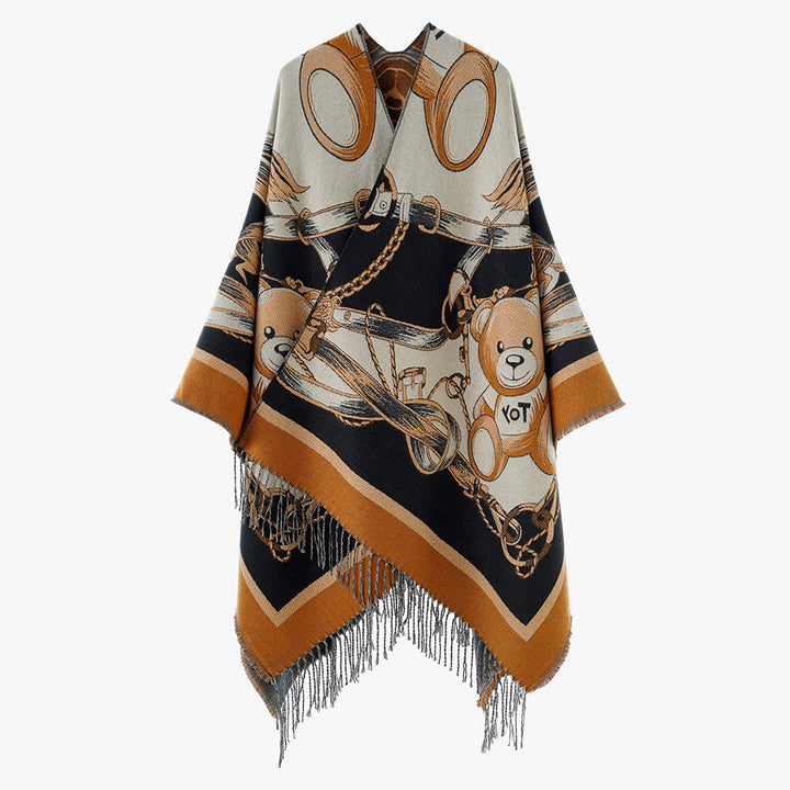Dam Jacquard-capeponcho med Teddy Motif, oversized silhuett och fransfåll