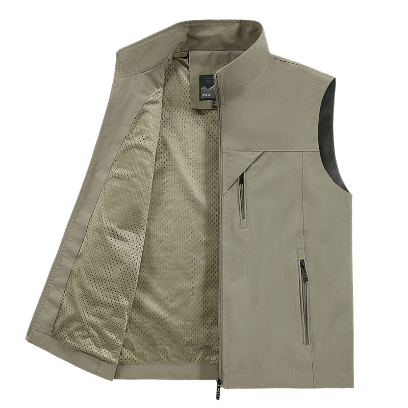 Herr Andningsbar Softshell Utility Väst med Hög Stående Krage, Vattenavvisande Yttre Lager och Flera Dragkedjefickor