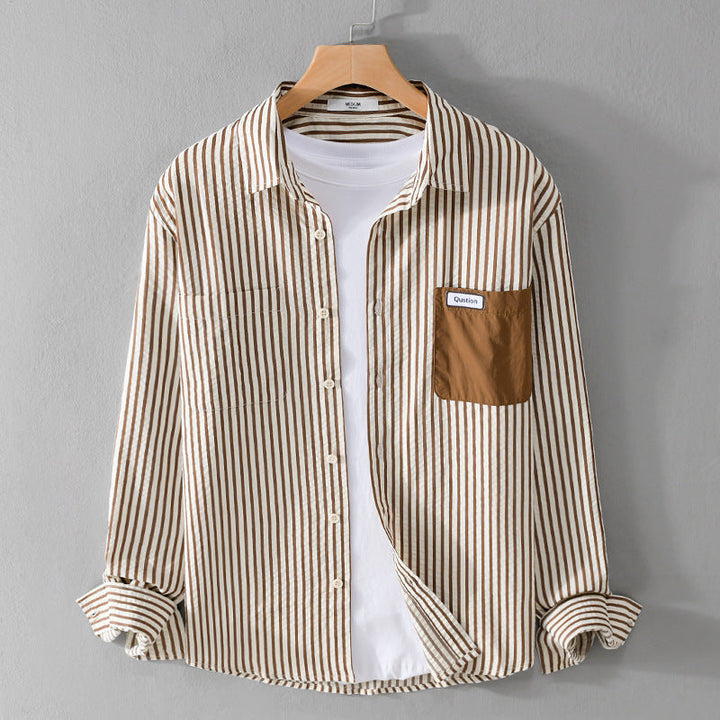 Herr Randig Lång Ärm Overshirt Tillverkad av Bomullsblandning med Contrasted Bröstficka