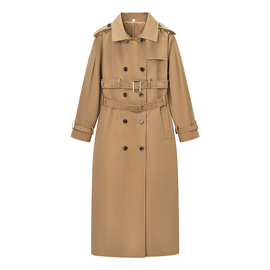 Dam Longer Skräddarsydd Trenchcoat med Dubbel Midjebälte och Epaulettes