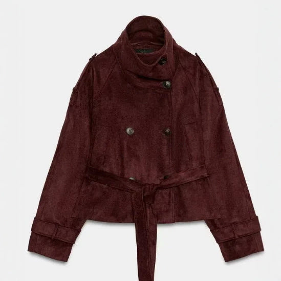 Dam Kort Jacka Tillverkad av Suede Imitation med Hög Stå Krage och Tie Belt