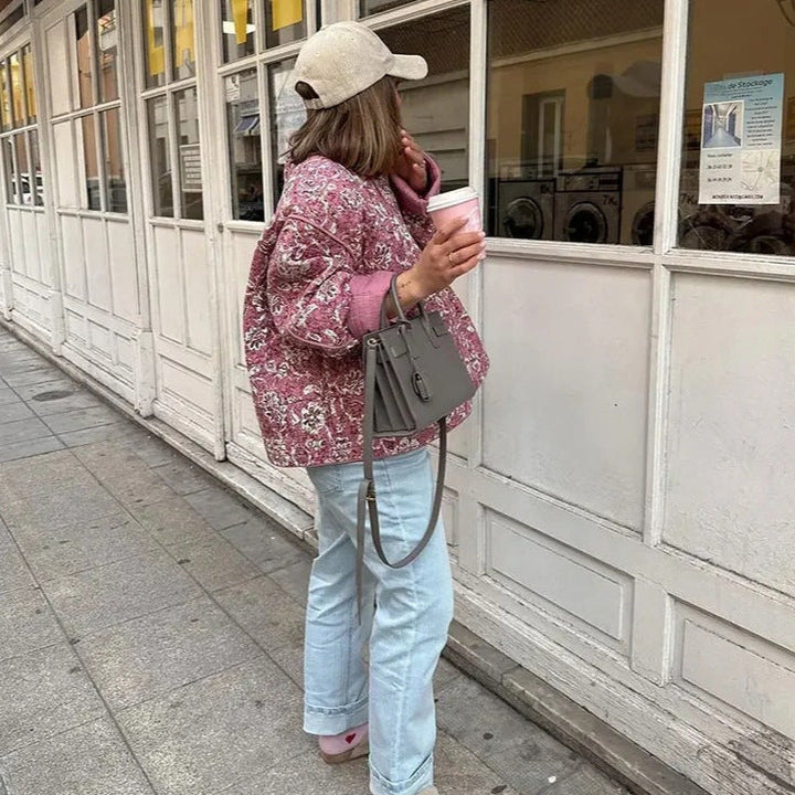 Dam 400+ Quiltad Blouson Jacka med Blommig All-Over Mönster och Dekorativ Piping