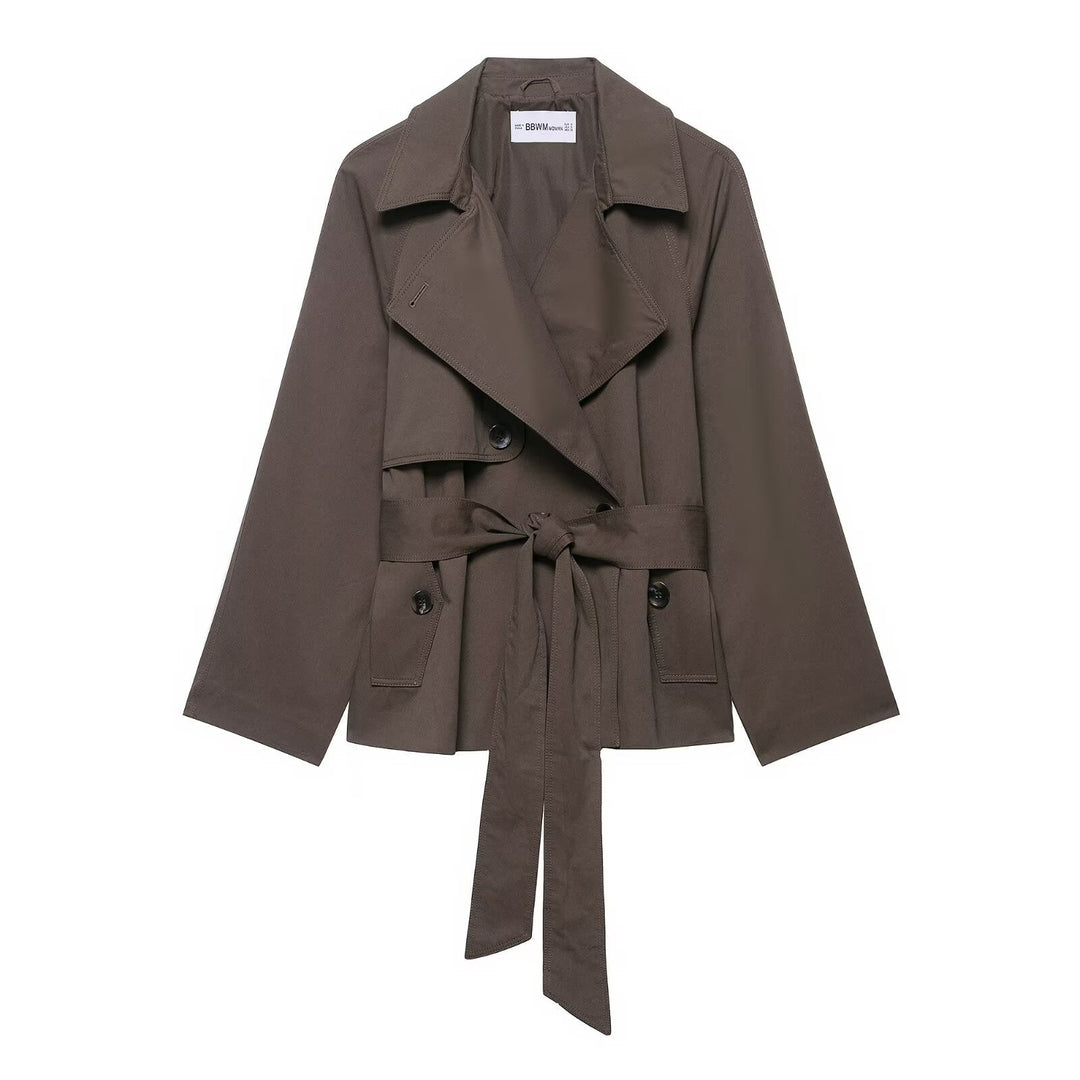 Dam 300+ Kort Kort Trench Jacka med Wide Lapels, Tie Belt, och Patch Fickor