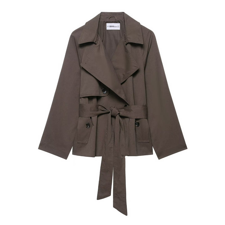 Dam 300+ Kort Kort Trench Jacka med Wide Lapels, Tie Belt, och Patch Fickor