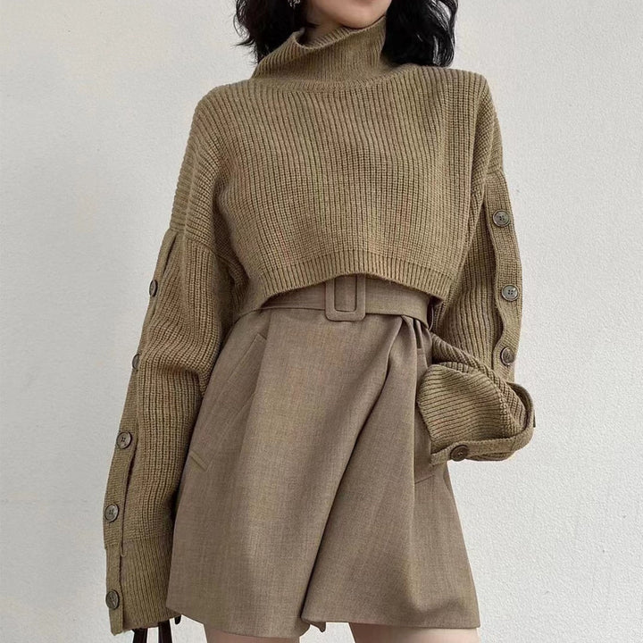 Dam kort-skärning Turtleneck Bolero Wrap med lång ärm knappar