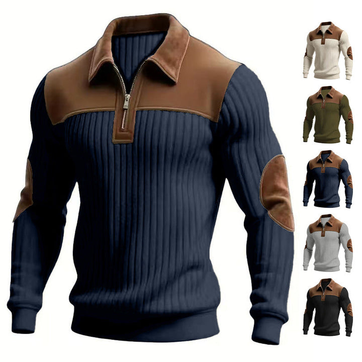 Herr Ribbad Halv Dragkedja Pullover med Contrasting Läder Appliqués On Shoulders och Elbows