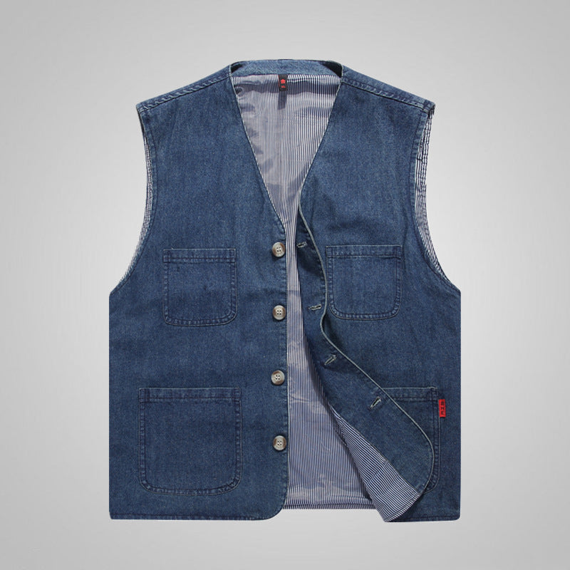Herr Sleeveless Utility Canvas Väst med V-Neck, Knapplist, och Utanpåfickor