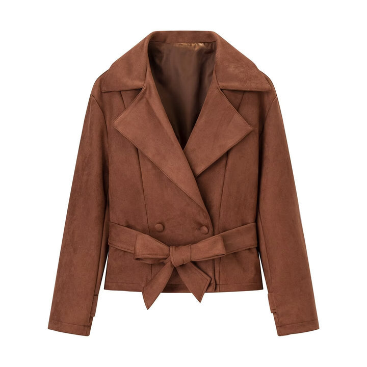 Dam kort jacka in mocka look med midjebälte och stor lapel