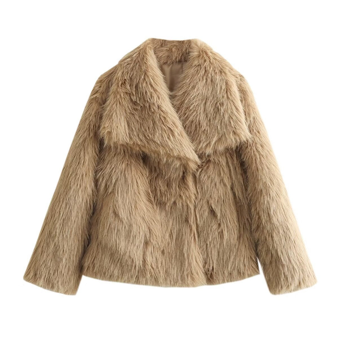 Dam kort Boxy Faux Fur jacka med vid Shawl krage och lång Fiber Faux Fur