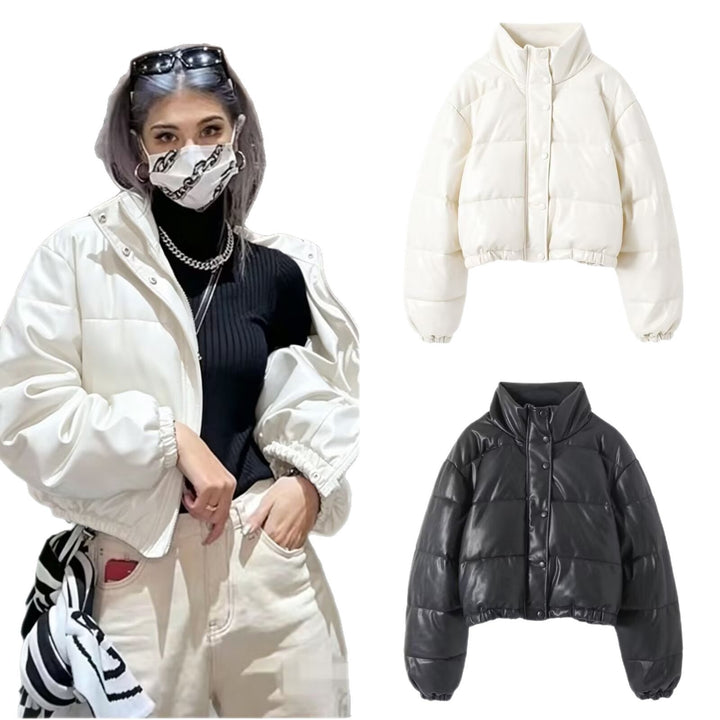 Dam Kort Vadderad Blouson Jacka i Boxig Look med Stå Krage och Elastic Nederkant
