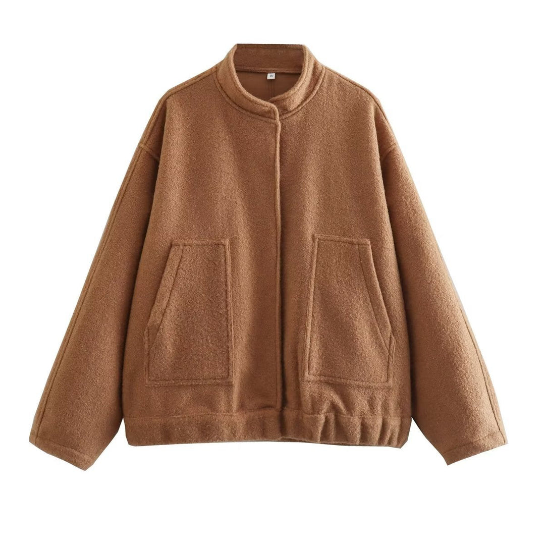 Dam boxy ullblandning blouson med ståkrage, concealed front placket, sidofickor och elastisk fåll