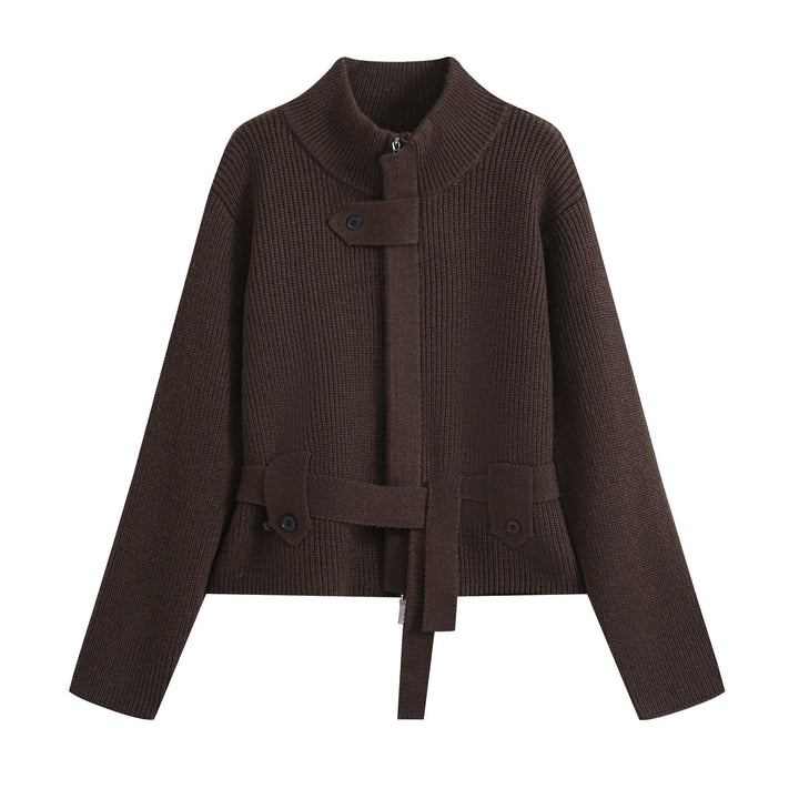 Dam Kort Kofta i Blouson Stil med Stå Krage och Tie Belt