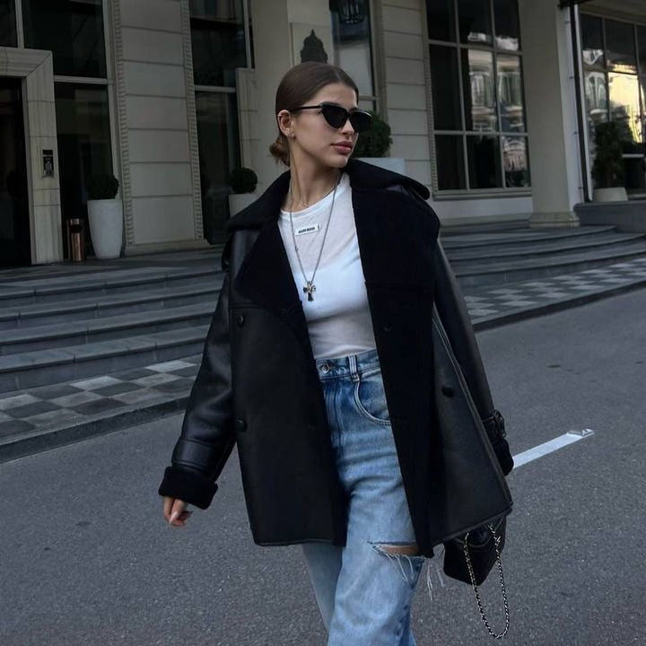 Dam oversize Flight jacka gjord Lambskin Imitation med Double-Breasted knappslå