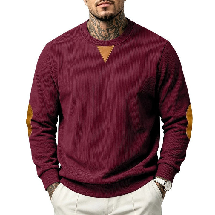 Herr College-Tröja med Textured Stickad, Elbow Lappar och Round Neckline