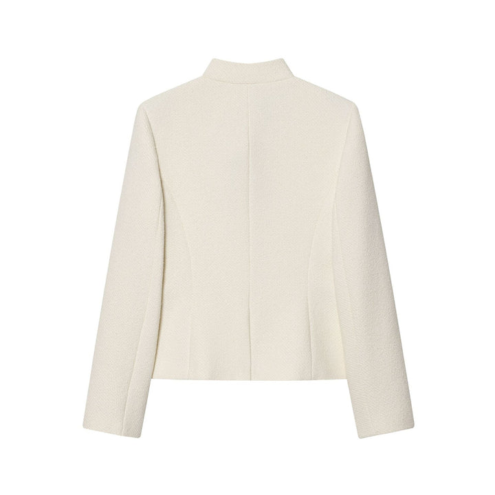 Dam structured bouclé kort jacka med ståkrage, four påsydda fickor och covered knappar
