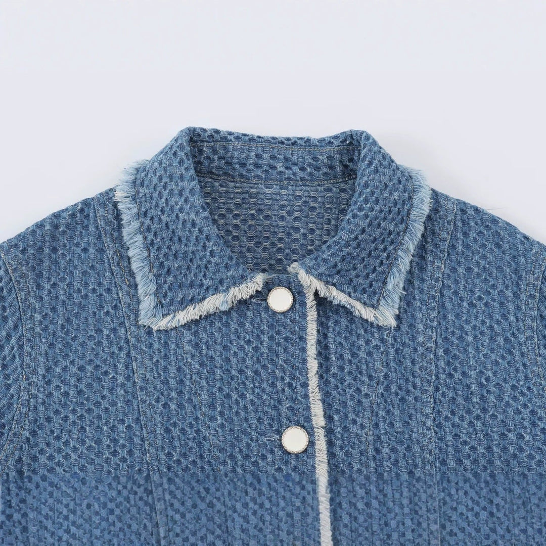 Dam kort Boxy denimjacka med Waffle Texture, utanpåfickor och Fringe Trim