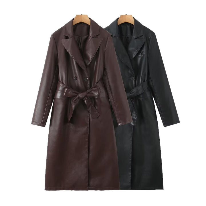 Dam Lång Modell Konstläder Trenchcoat med Dubbel-Breasted Knapplist och Midjebälte