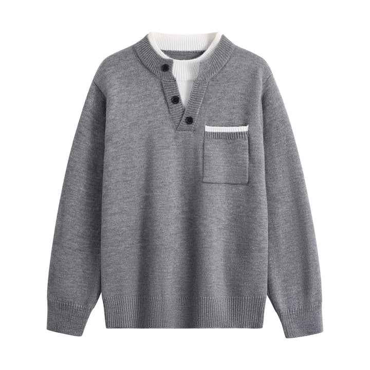 Herr Fin Stickad Henley Tröja med Knapplist, Bröstficka &amp; Contrast Krage
