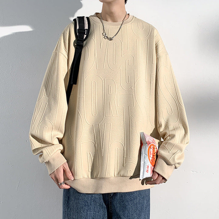 Herr Oversized Strukturerad Stickad College-Tröja med Embossed Tone-On-Tone Lettering