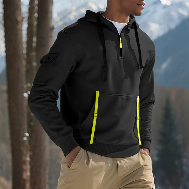 Herr Nano Urban Tech med Huva Halv Dragkedja Pullover med Utility Ärmficka, Känguruficka, och Adjustable Dragkedja Tapes