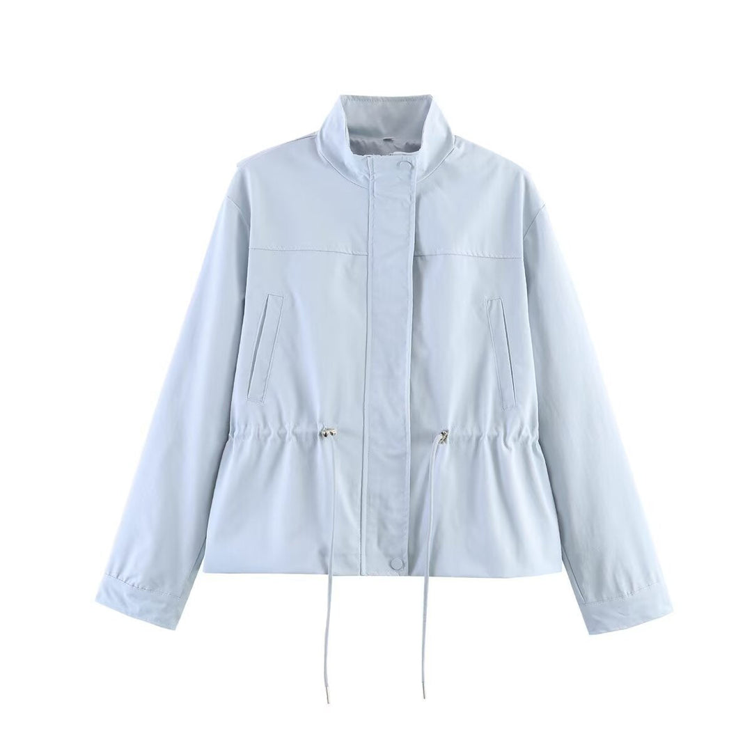 Dam Kort Övergångsjacka med Drawstring Waist och Stå Krage
