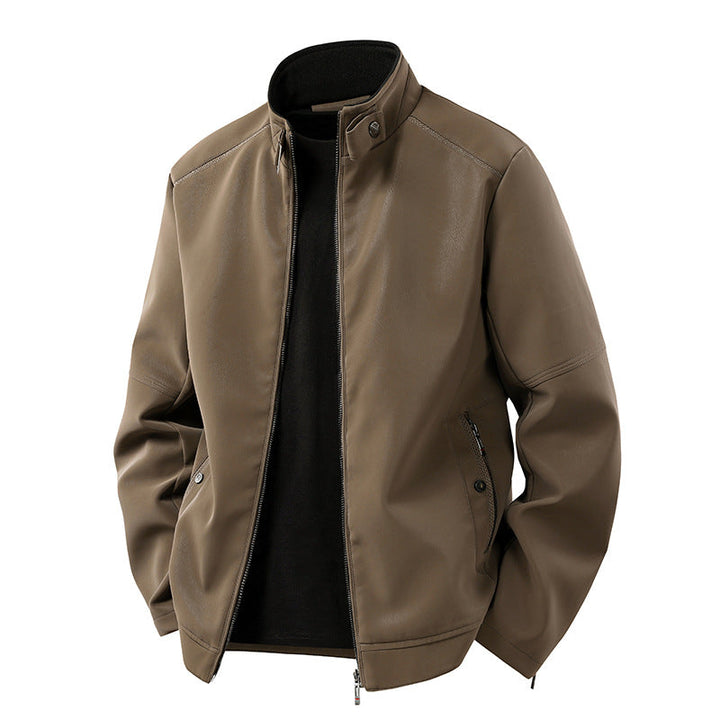 Herr Avslappnad Leather-Look Blouson med Stående Krage och Dold Dragkedja