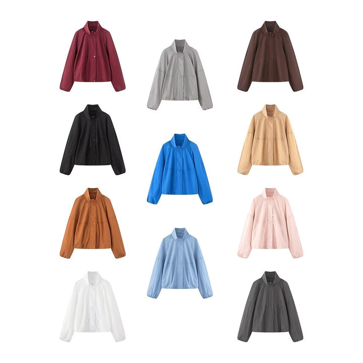 Dam Lätt Oversize Blouson Jacka Tillverkad av Nylon med Stå Krage, Drawstring och Tryckknapp Knapp Stängning