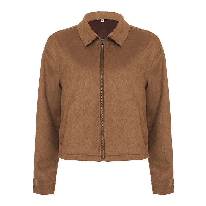 Dam kort-skärning mockalook blousonjacka med skjortkrage och dragkedja