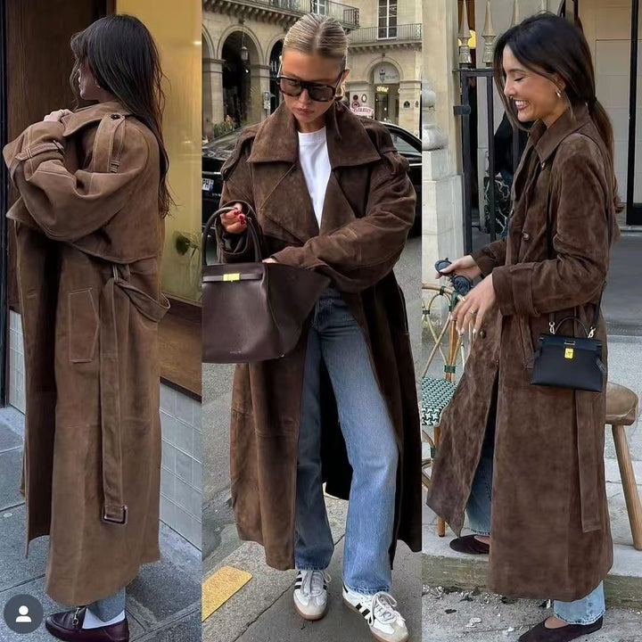 Dam Mid-length oversize trenchcoat gjord mocka look med double-breasted knappslå, shoulder epaulets och knytband