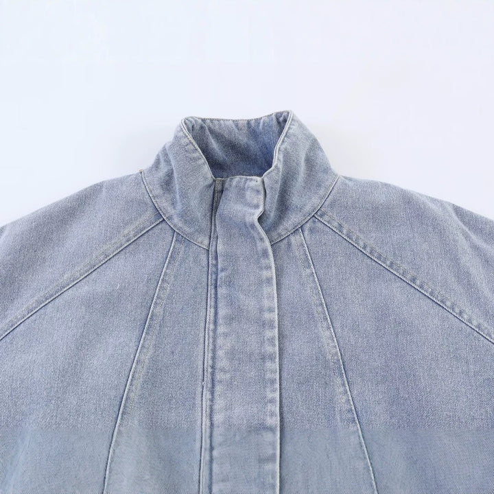 Dam Oversize Jeans Bomberjacka med Stå Krage och Drawstring