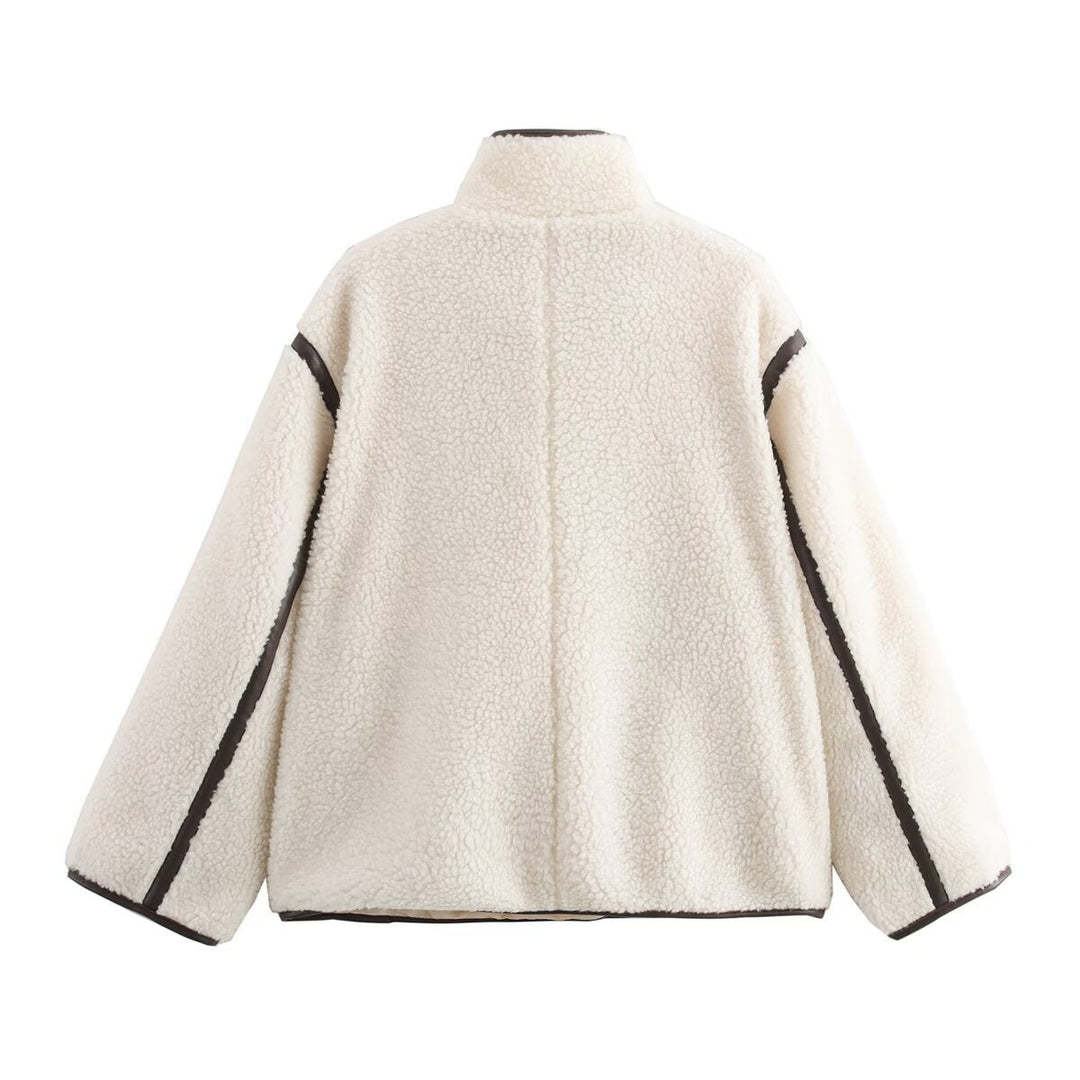 Dam 100+ Teddy Jacka i Oversize Look med Stå Krage och Contrast Piping