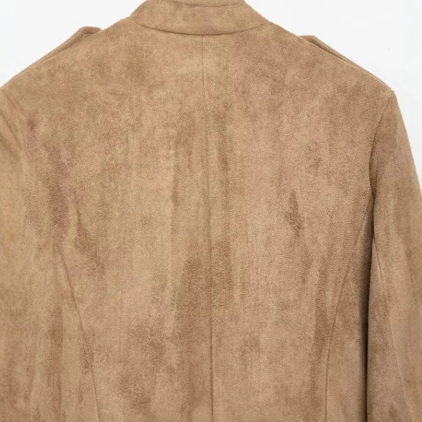 Dam Kort Suede Jacka i Military Look med Dekorativ Parade Knapp Knäppning