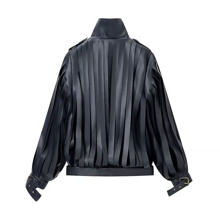 Dam konstläder Fringe Blouson med ståkrage och midjebälte