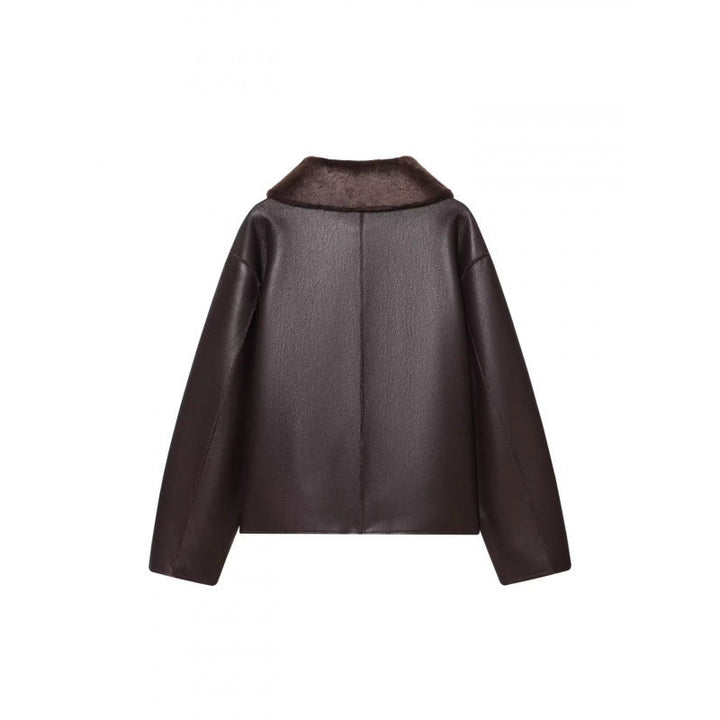 Dam Kort Reversible Sheepskin Jacka med Full Lapel Krage och Varm Teddy Foder