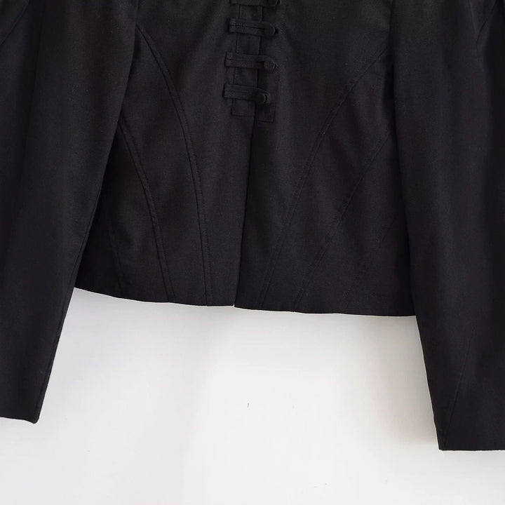 Dam Kort Tailored Blouson Jacka med Stå Krage, Dekorativ Loops och Seams