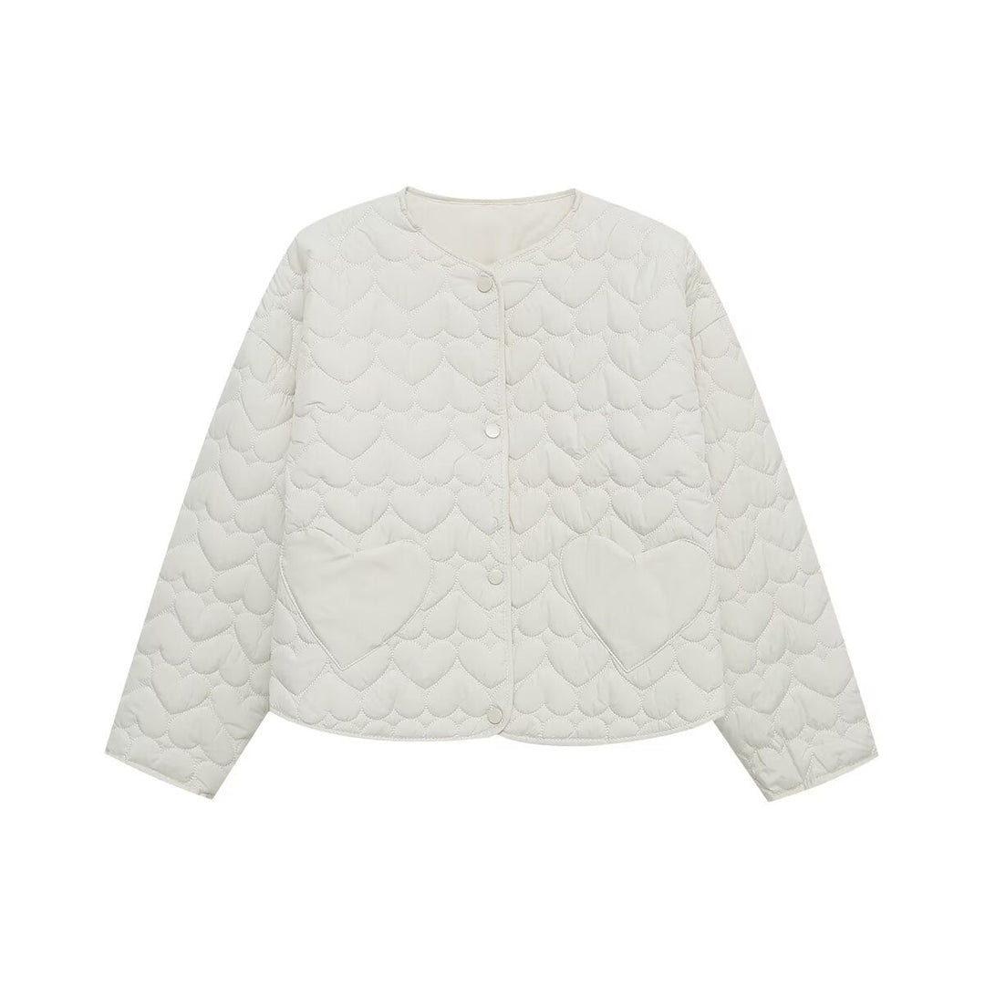 Dam Kort Quiltad Jacka med Heart Quilting och Heart Fickor