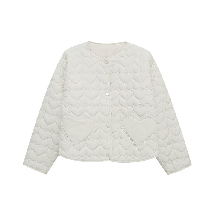 Dam Kort Quiltad Jacka med Heart Quilting och Heart Fickor