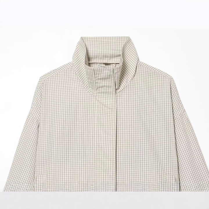 Dam Kort Kort Stå Krage Jacka med Drawstring Nederkant och Fine Check Mönster