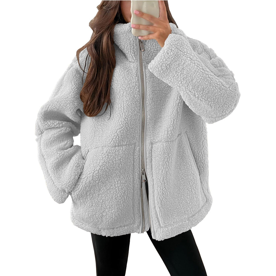 Dam oversized teddy fleecejacka med ståkrage och full-length dragkedja